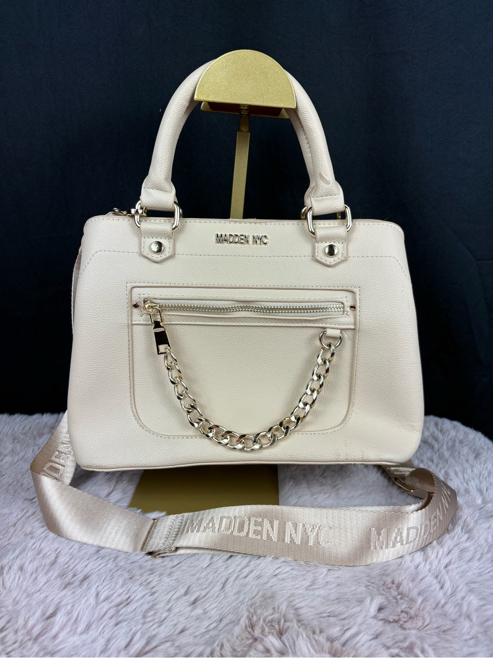 Madden NYC Beige Faux Leather MNY-411 Satchel Bag Crossbody Gold Chain